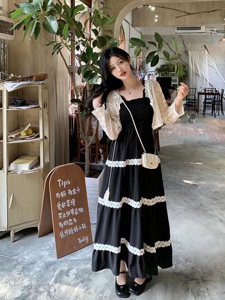 大碼胖妹妹法式黑色吊帶連衣裙復古收腰顯瘦氣質開衫網紅兩件套裝