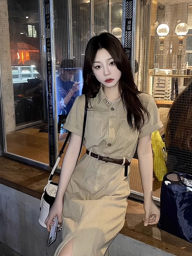 French tea break khaki polo collar denim dress women's waist waist temperament high-end slit long skirt summer
