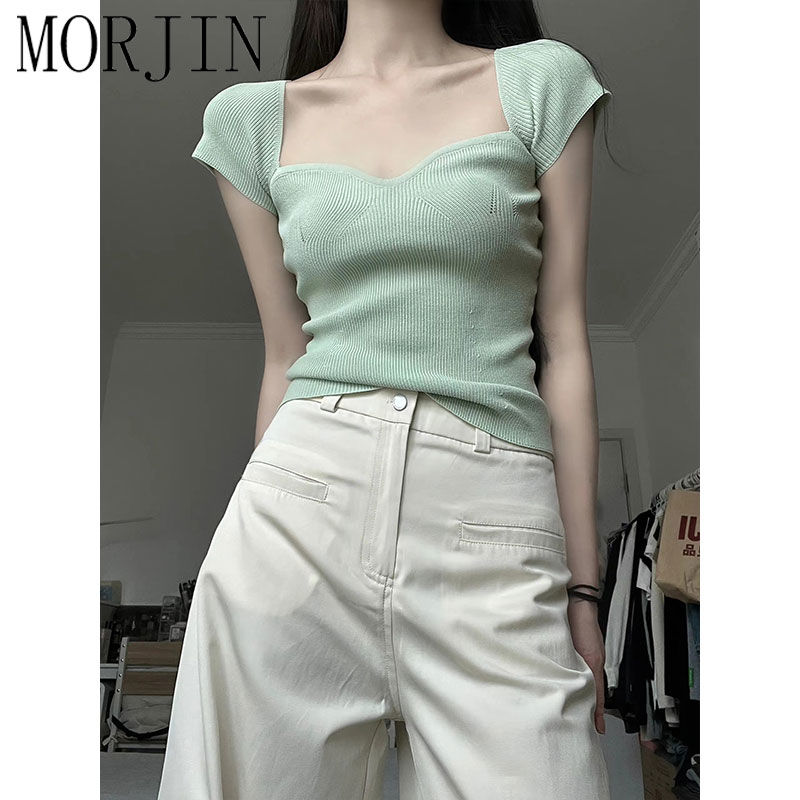MORJIN pure desire style hot girl square collar front shoulder knitted t-shirt female summer self-cultivation slimming sweet and spicy short top