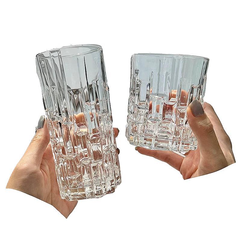 创意方块玻璃杯ins咖啡杯果汁杯冷饮杯家用浮雕水杯熔岩威士忌杯