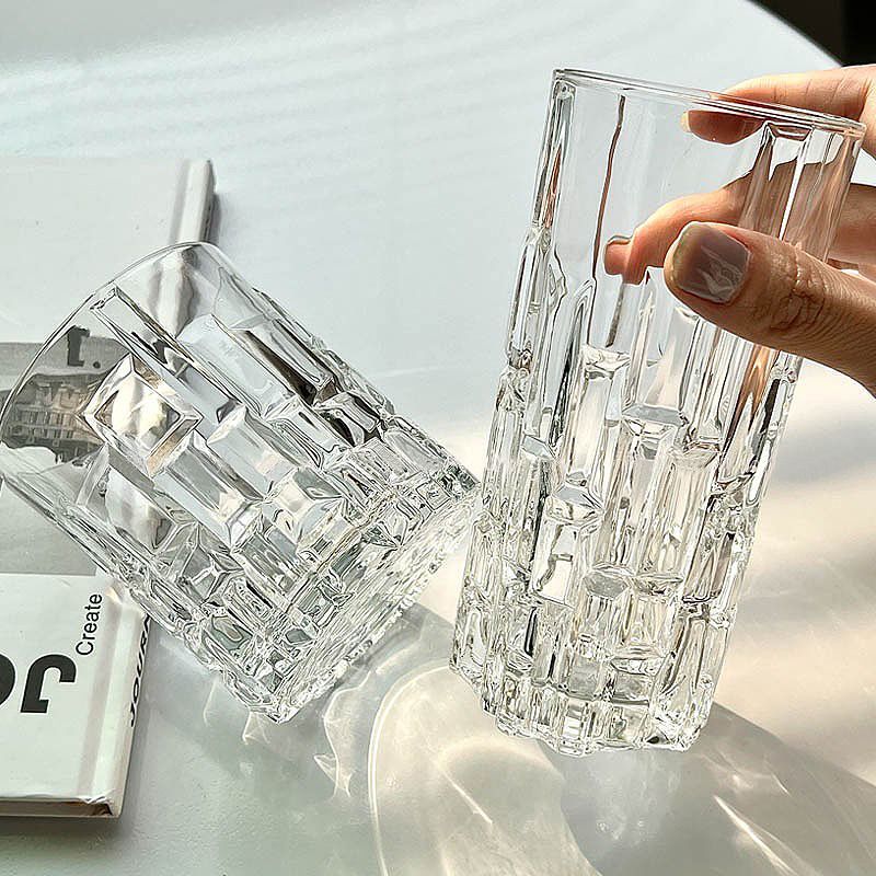 创意方块玻璃杯ins咖啡杯果汁杯冷饮杯家用浮雕水杯熔岩威士忌杯