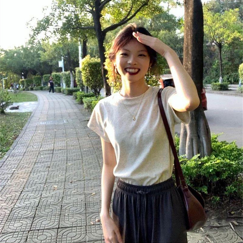 Basic shoulder t-shirt women's short-sleeved summer new slimming thin cotton thin section foreign style sweet and spicy top trendy ins