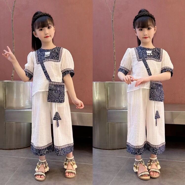 女童夏季網紅復古中式夏款套裝兒童裝洋氣女孩時髦夏裝2023新款潮