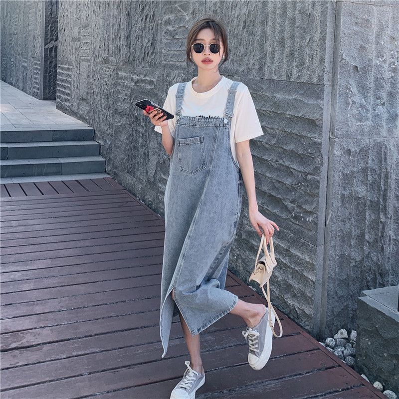 日系可愛牛仔背帶裙女2022新款夏季設計感小眾直筒復古寬鬆連衣裙