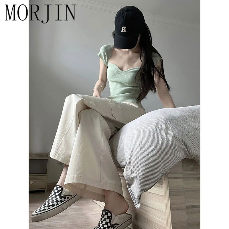 MORJIN pure desire style hot girl square collar front shoulder knitted t-shirt female summer self-cultivation slimming sweet and spicy short top