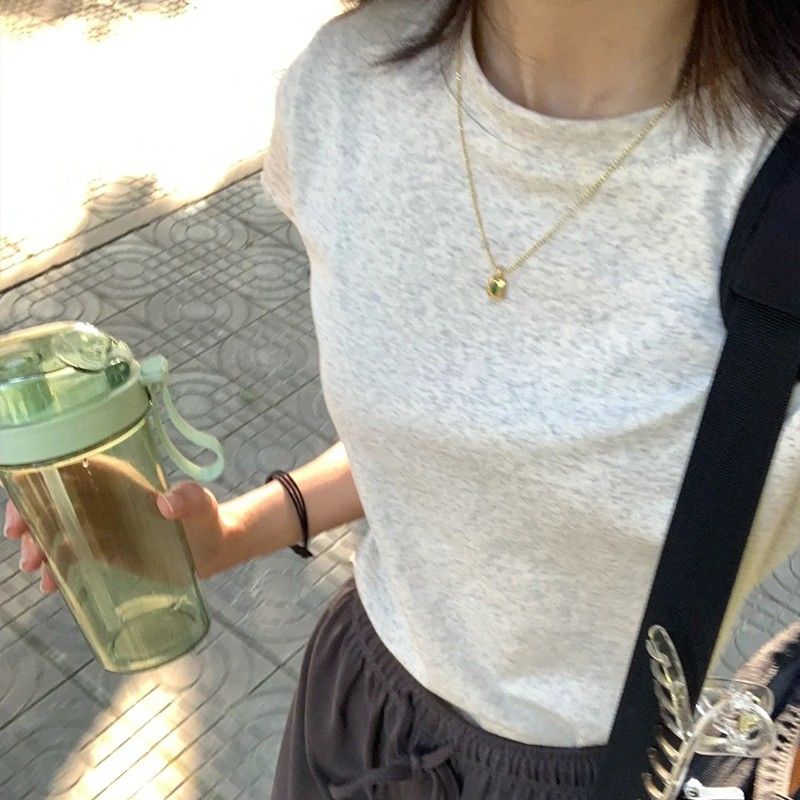 American cotton casual short-sleeved American shoulder t-shirt summer new design sense thin section round neck short top female ins