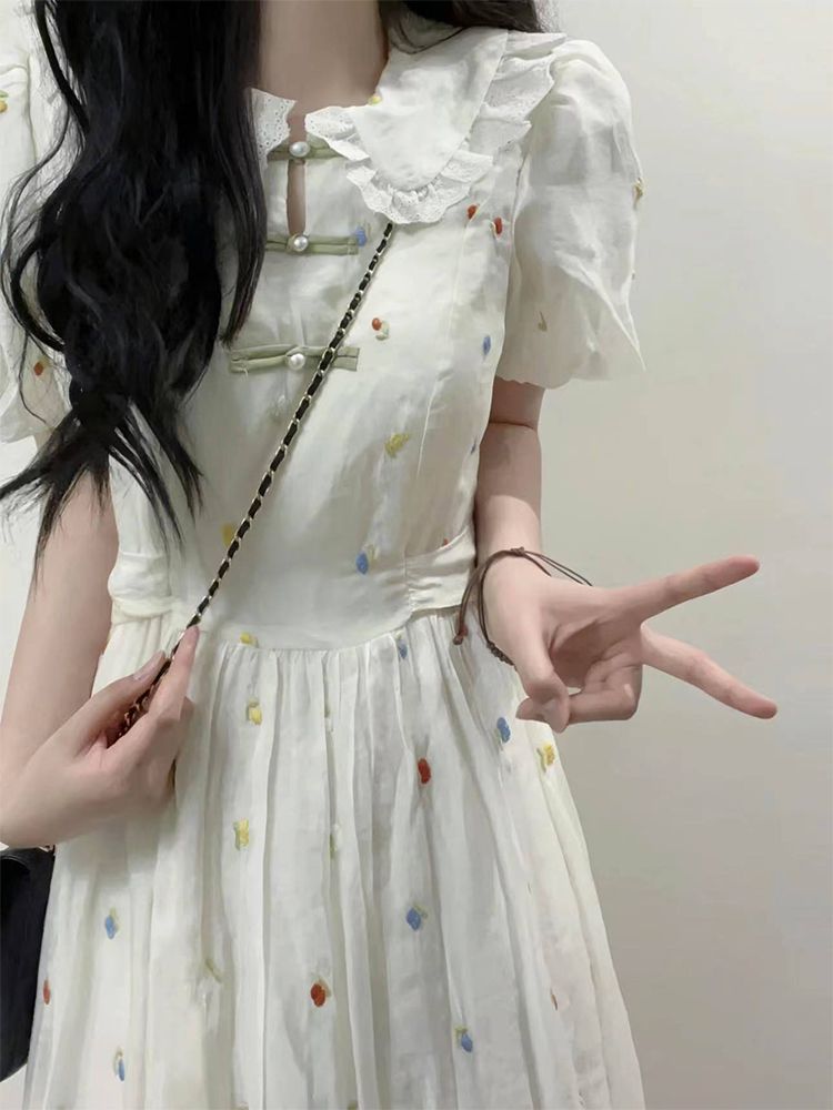 法式高級感新中式盤扣泡泡袖娃娃領連衣裙女學生夏日上新氣質長裙