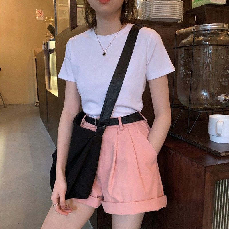 2023 front shoulder short-sleeved women's summer pure cotton trend all-match round neck slim top t-shirt bottoming shirt ins pure desire Korean