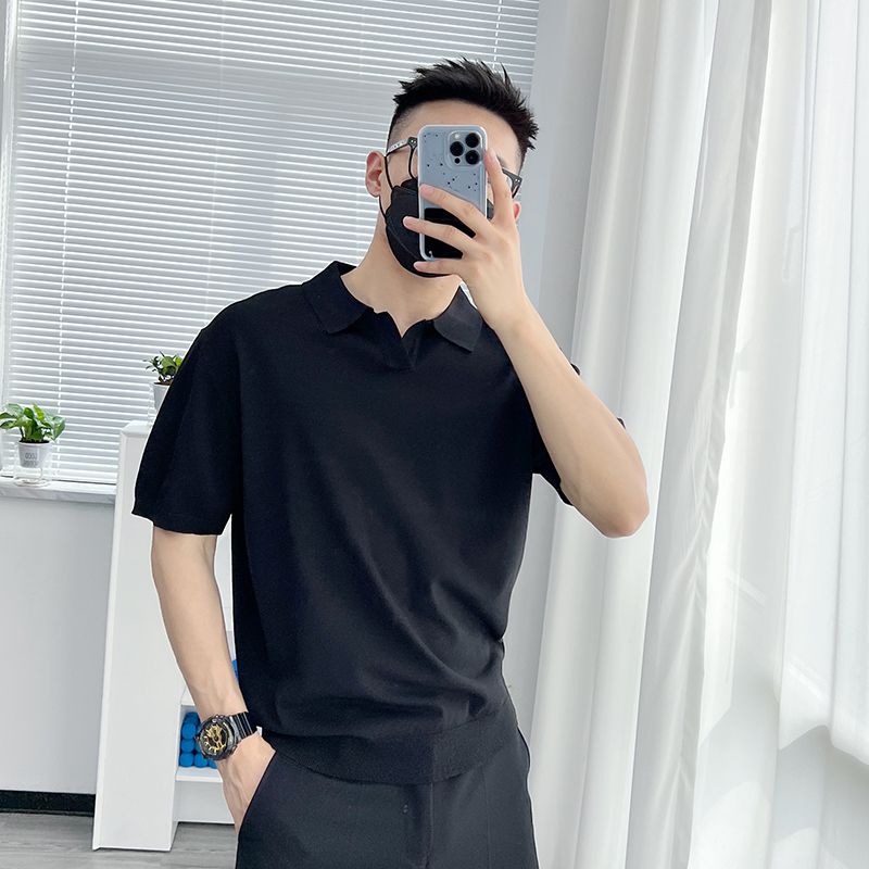 High-end light luxury ice silk short-sleeved T-shirt for men in summer, thin lapel shirt, casual collared men's summer pure cotton T-shirt