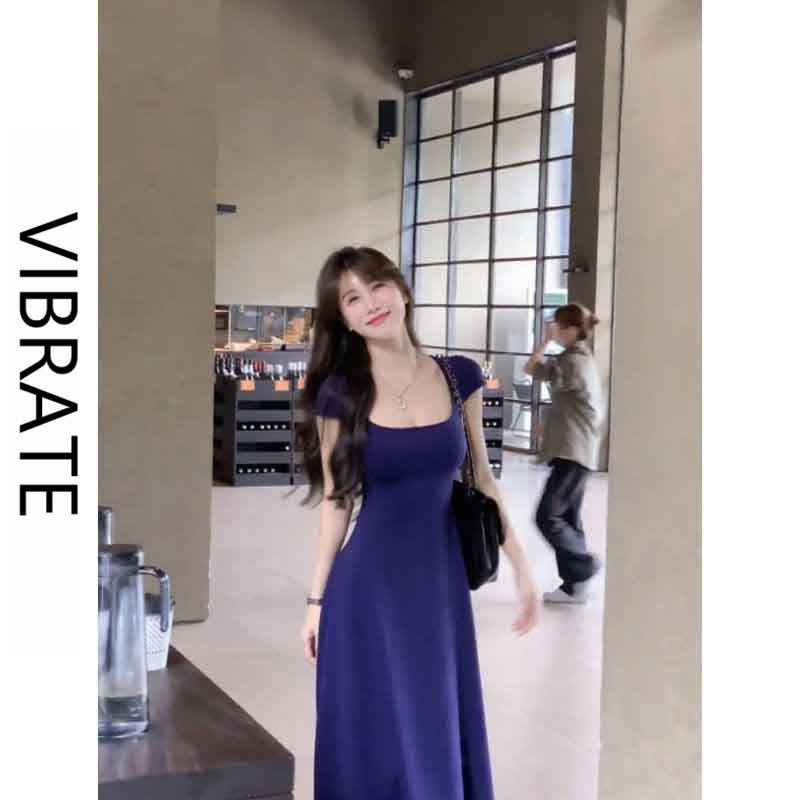 VIBRATE韓版清香花院茶歇法式方領短袖修身收腰氣質長款連衣裙