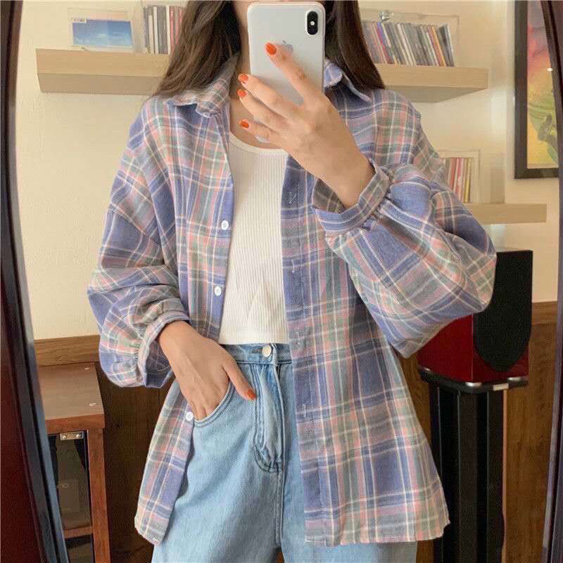 Plaid shirt women's  spring and autumn new outer wear loose long-sleeved high-end retro student shirt loose jacket