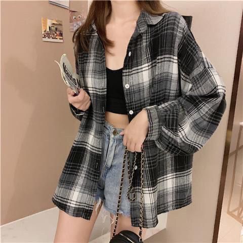 Plaid shirt women's  spring and autumn new outer wear loose long-sleeved high-end retro student shirt loose jacket