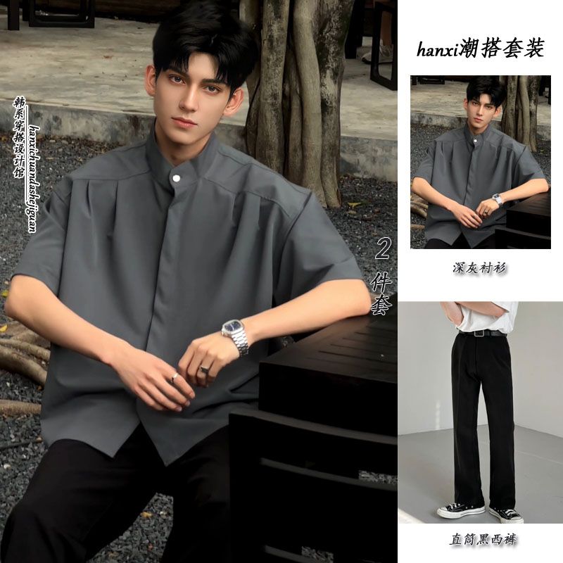 Pure black new Chinese style shirt Chinese style men's high-end stand-up collar design handsome short-sleeved shirt jacket summer