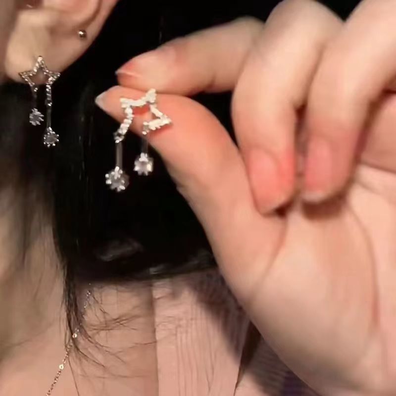 心動雙流星星開口錯石星星耳釘女小眾高級感耳墜閃鑽星925銀耳飾