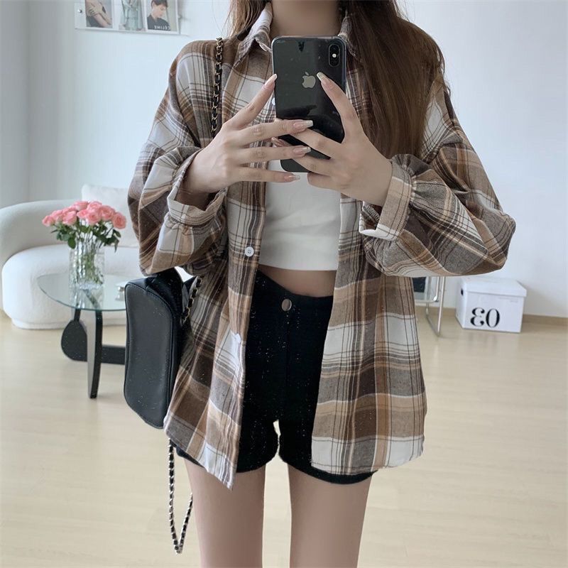 Plaid shirt women's  spring and autumn new outer wear loose long-sleeved high-end retro student shirt loose jacket