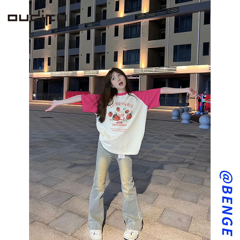 OUDIFU純棉短袖T恤女潮ins夏季2023新款多巴胺國潮牌插肩重磅上衣