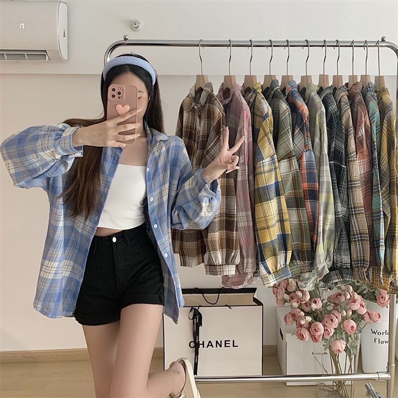 Plaid shirt women's  spring and autumn new outer wear loose long-sleeved high-end retro student shirt loose jacket