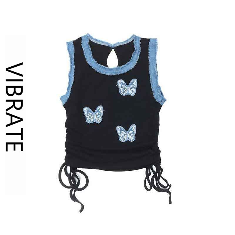 VIBRATE韓版蝴蝶貼布抽繩背心女2023夏季新款甜酷辣妹顯瘦短款ins
