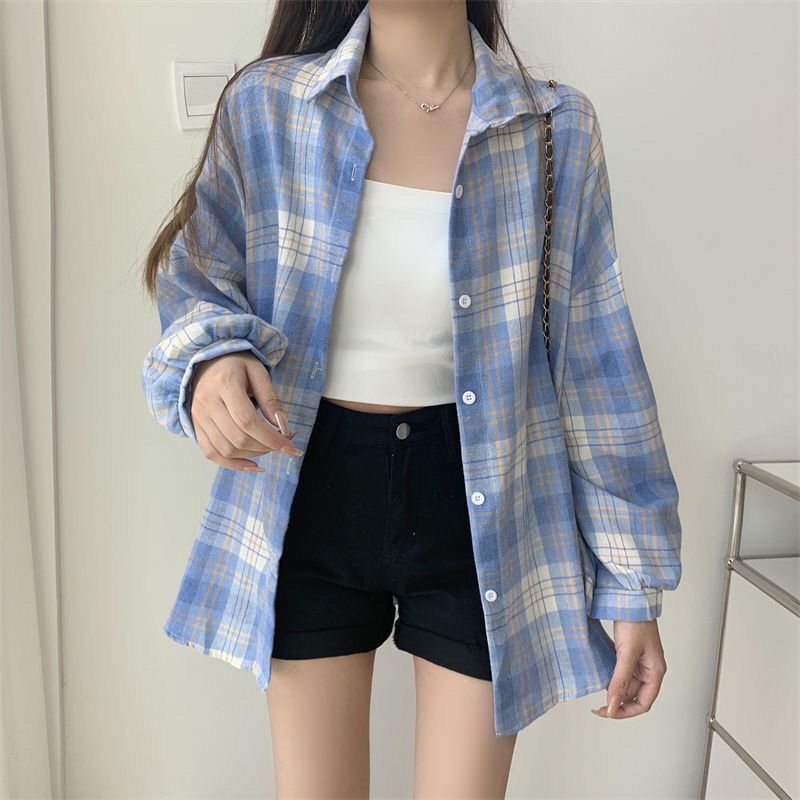 Plaid shirt women's  spring and autumn new outer wear loose long-sleeved high-end retro student shirt loose jacket