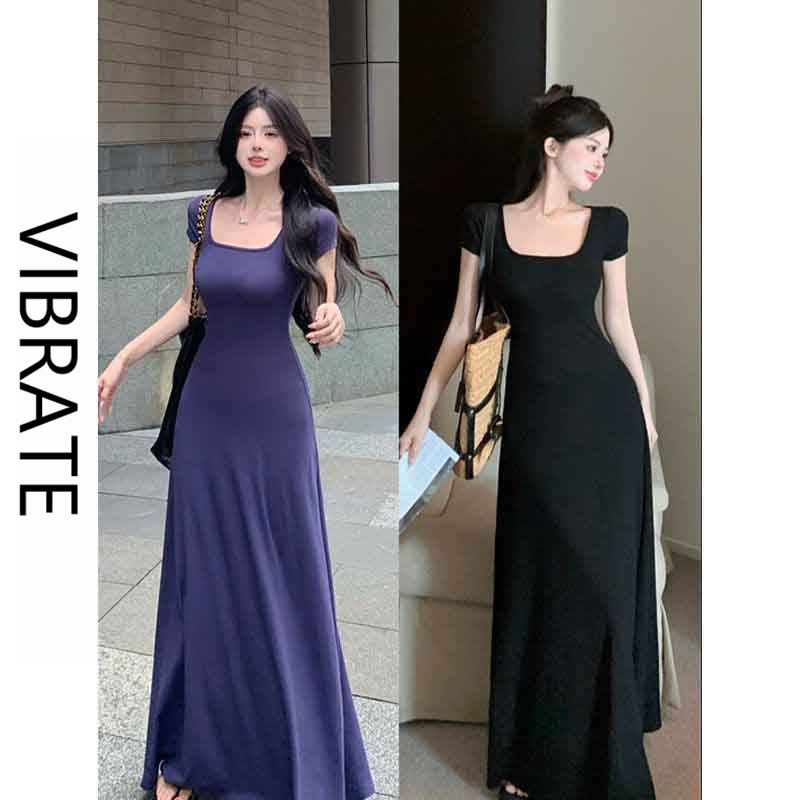 VIBRATE韓版方領藍色短袖T恤連衣裙女夏季收腰氣質長裙a字裙子