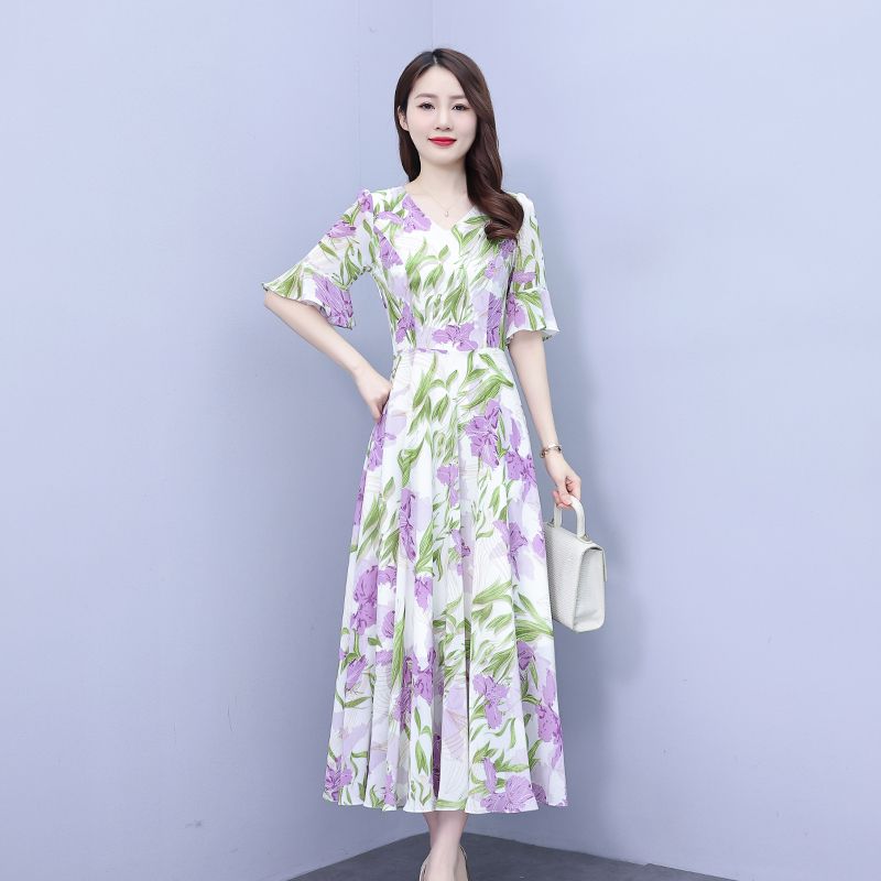 雪紡連衣裙2023新款夏季時尚洋氣印花氣質媽媽高級感大擺過膝長裙