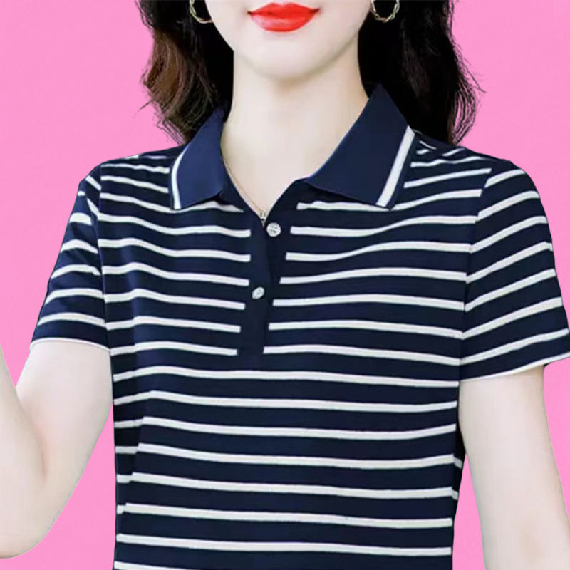 條紋t恤女時尚休閒運動POLO衫短袖t恤女媽媽夏季體恤衫高檔小衫女