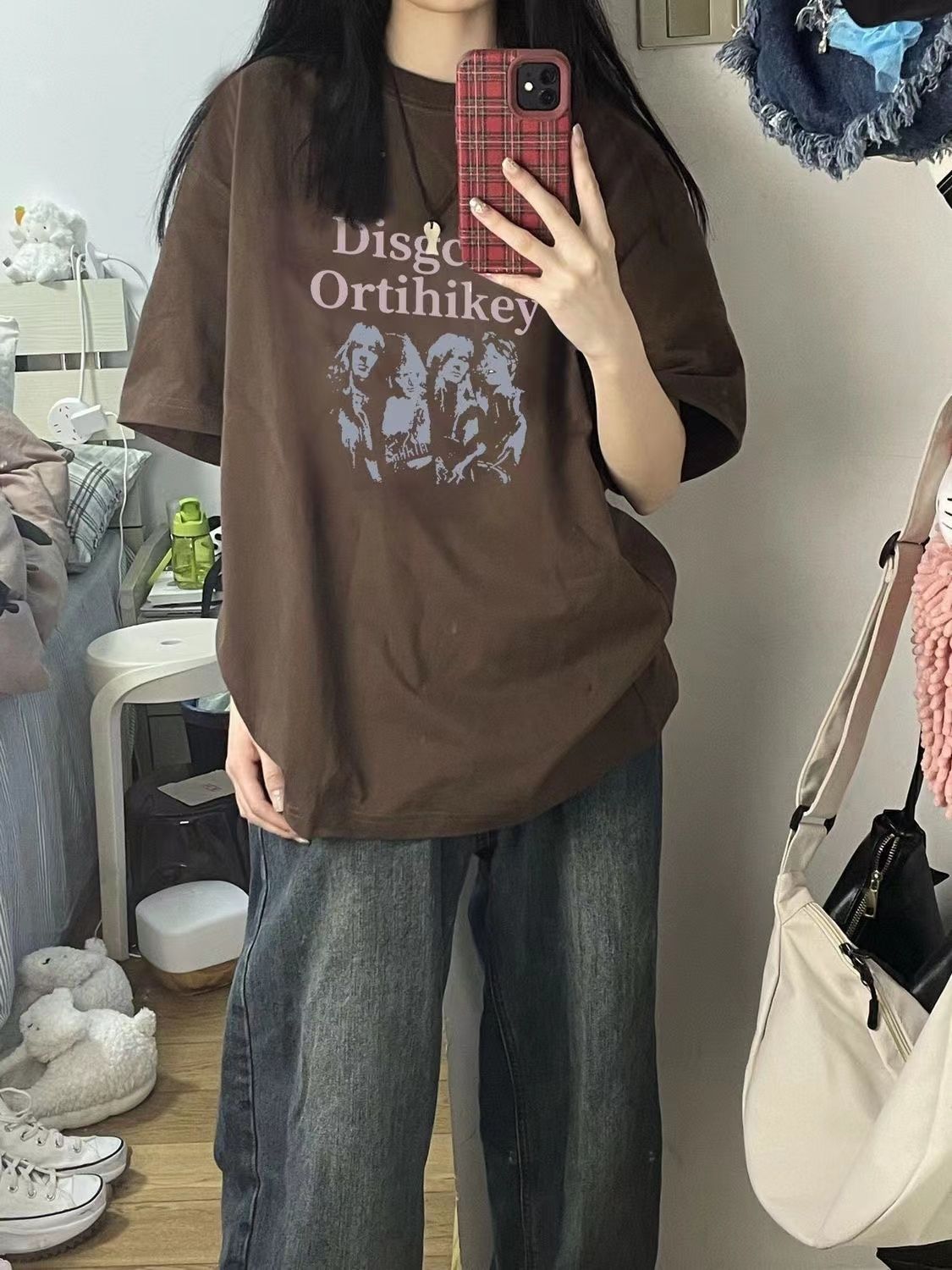 100%純棉潮流ins風圓領短袖棕色t恤女2023新款夏季寬鬆高街上衣潮