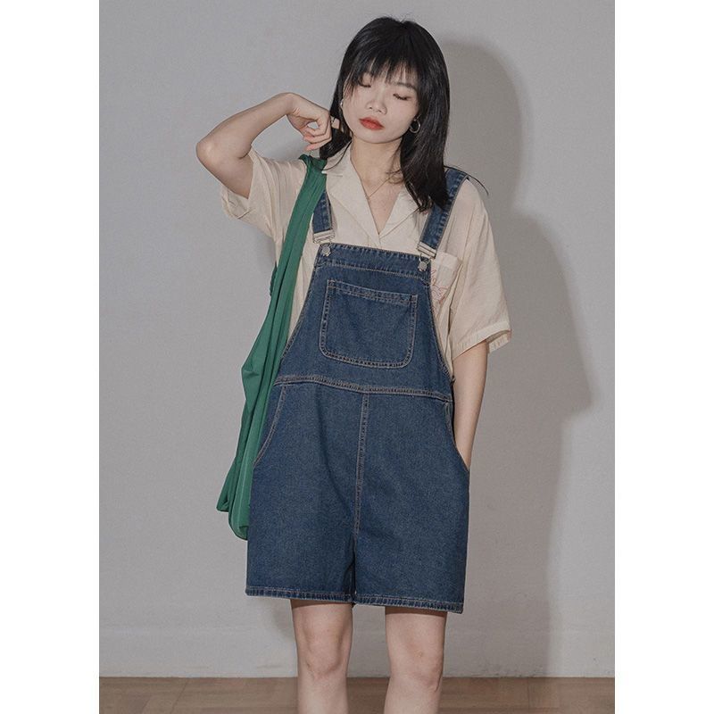 Solid Color Retro Denim Bib Shorts Women's  Summer New Loose Wide Legs Small People Slim One-piece Pants