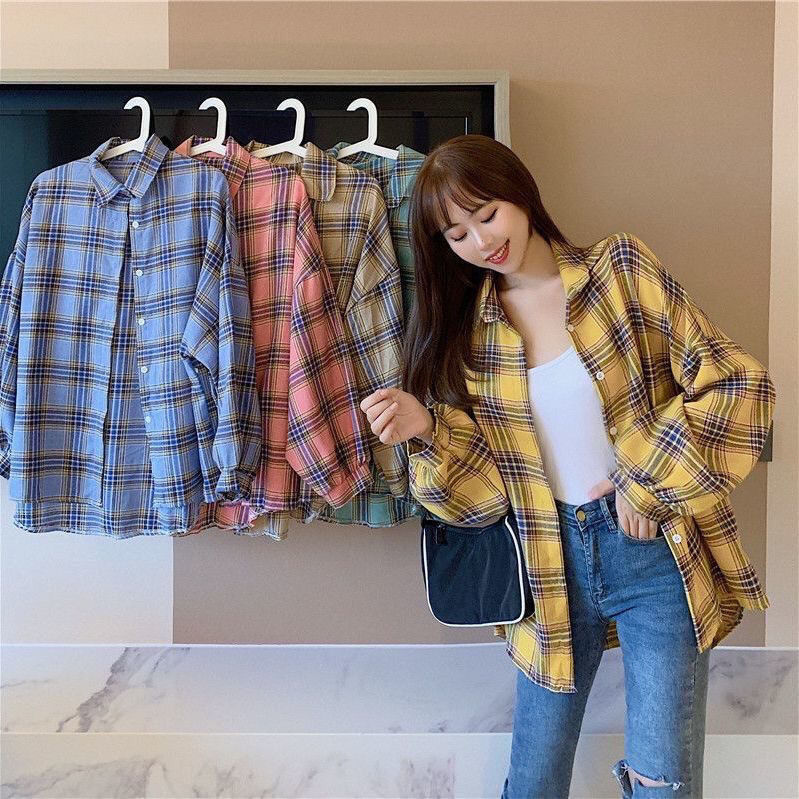 Plaid shirt women's  spring and autumn new outer wear loose long-sleeved high-end retro student shirt loose jacket