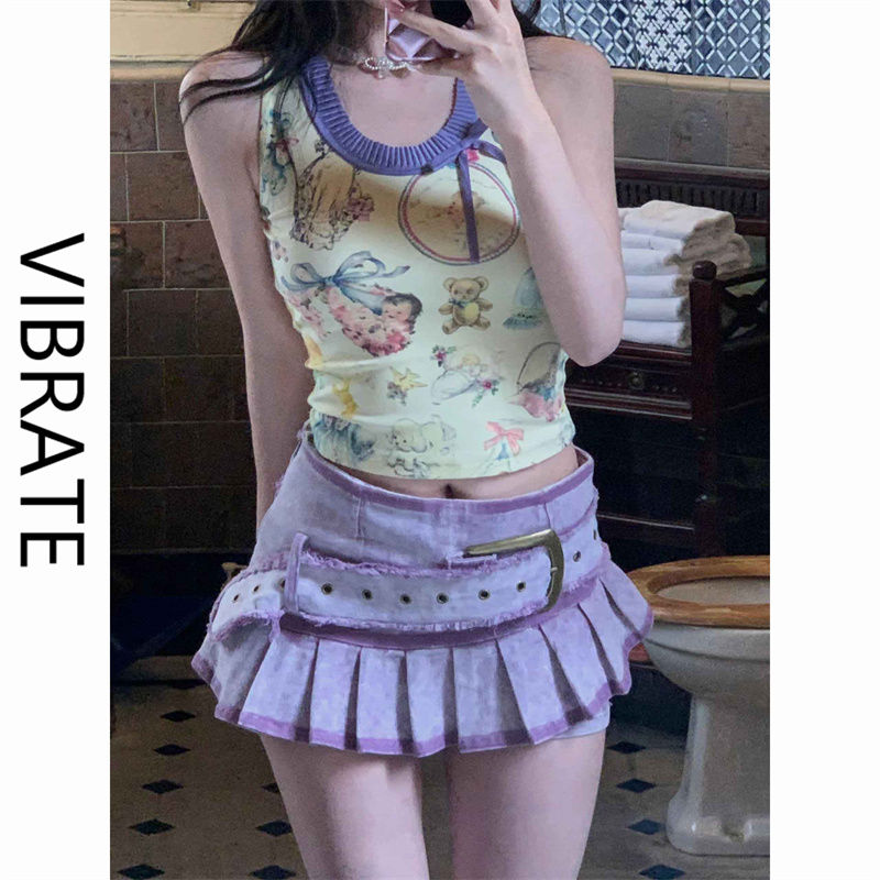 VIBRATE甜欲愛神復古卡通印花吊帶背心女夏季設計收腰甜辣內搭ins