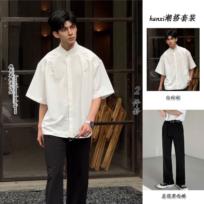 Pure black new Chinese style shirt Chinese style men's high-end stand-up collar design handsome short-sleeved shirt jacket summer