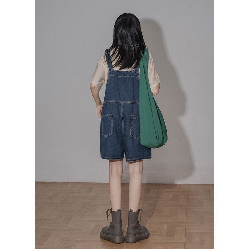 Solid Color Retro Denim Bib Shorts Women's  Summer New Loose Wide Legs Small People Slim One-piece Pants