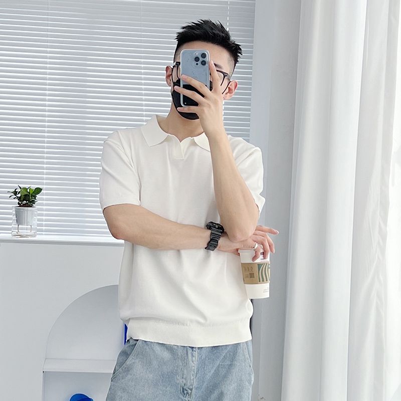 High-end light luxury ice silk short-sleeved T-shirt for men in summer, thin lapel shirt, casual collared men's summer pure cotton T-shirt