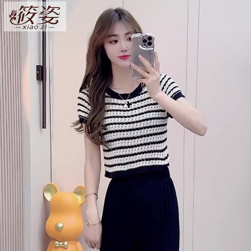 筱姿新款圓領黑白條紋短袖針織衫女裝春夏季小眾別致百搭短款上衣