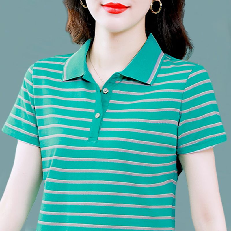 撿漏~外貿尾單大牌剪標撤櫃短袖t恤女條紋翻領上衣寬鬆POLO衫
