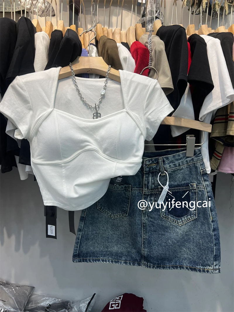 夏季溫柔系穿搭女新款韓版甜美百搭白色上衣牛仔短裙兩件套潮