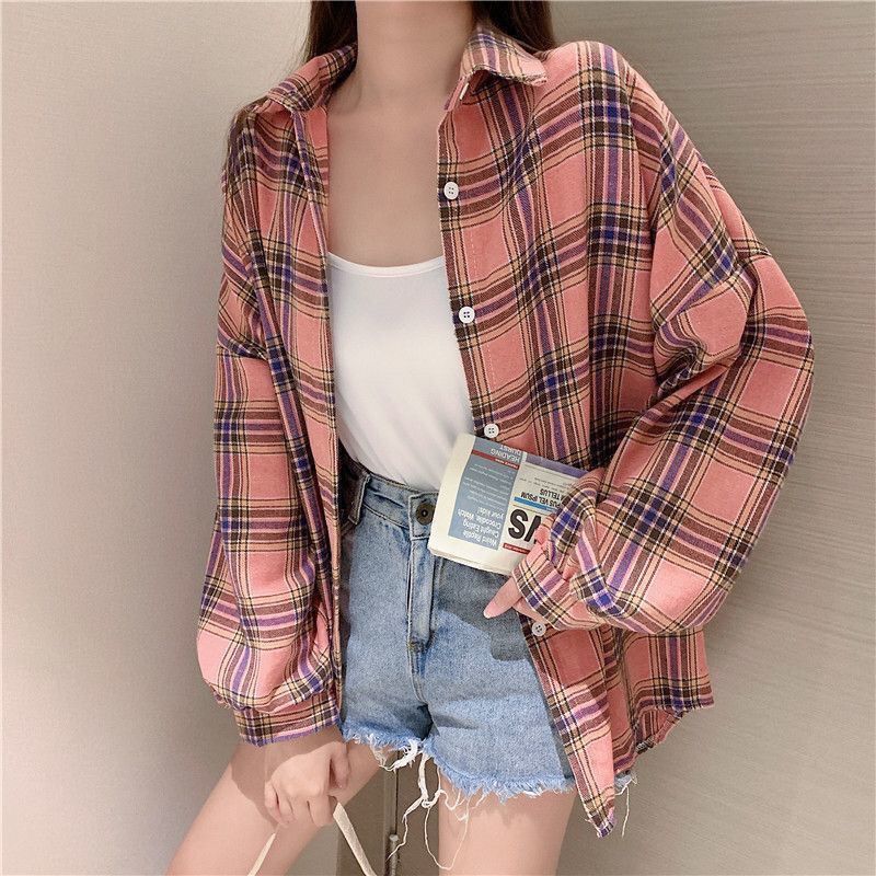 Plaid shirt women's  spring and autumn new outer wear loose long-sleeved high-end retro student shirt loose jacket