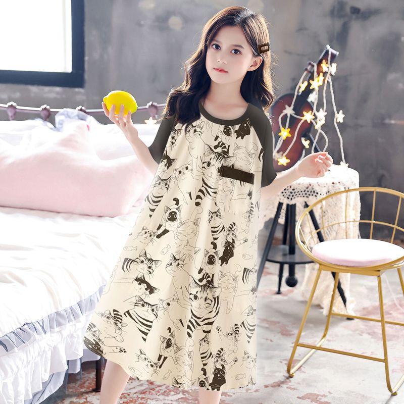 Breast style retro style girls can wear cat pajamas for women summer cool pure cotton loose slimming nightgown