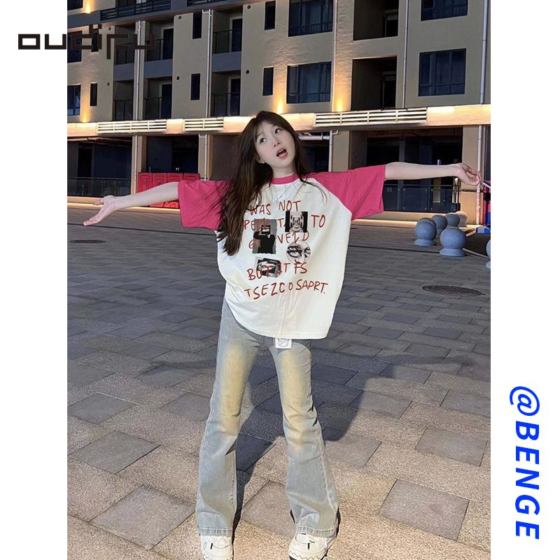 OUDIFU短袖T恤女2023夏季新款多巴胺韓版學生BF潮牌純棉上衣ins潮