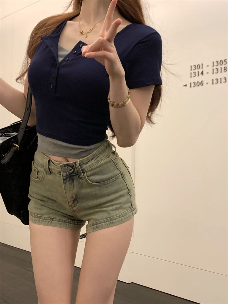 kumikumi design sense color contrast fake two-piece short-sleeved T-shirt women's clothing 2023 summer new slim fit and thin top
