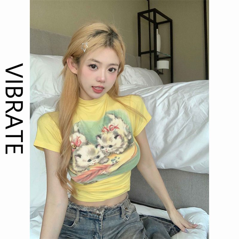 VIBRATE美式貓咪圓領背心上衣夏季多巴胺女孩穿搭甜辣妹短款T恤