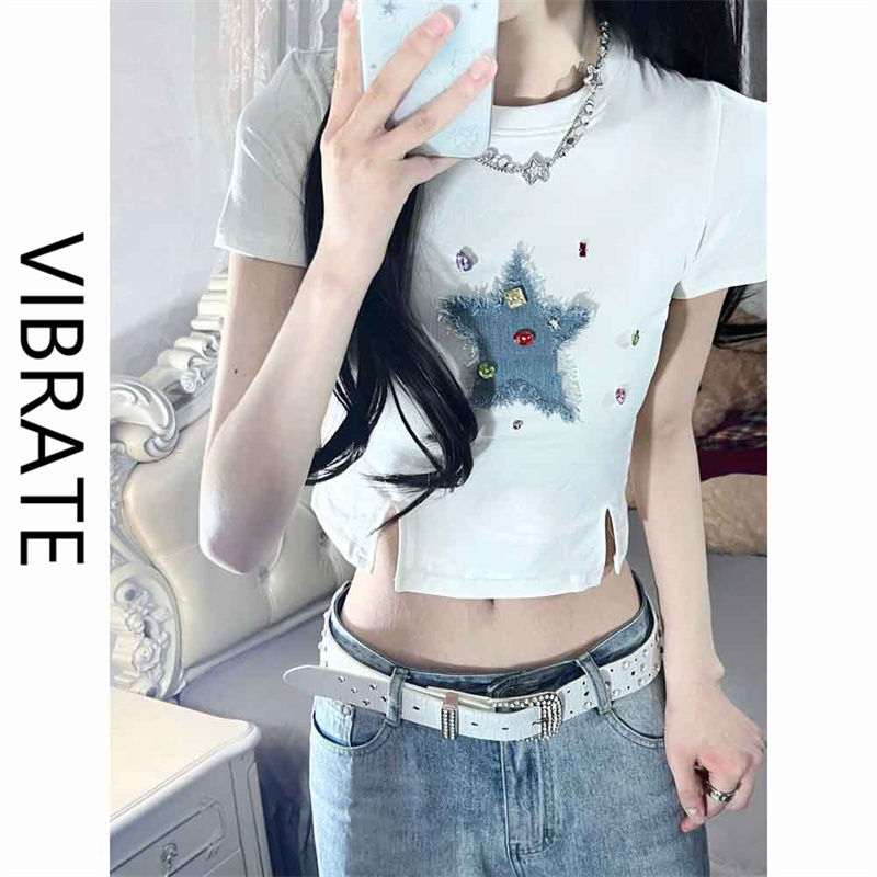 VIBRATE hot girl star broken diamond front shoulder short-sleeved T-shirt women's summer new design sense slit short top