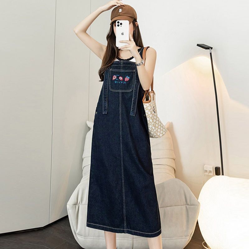 Plus size women's  summer new denim suspender skirt fat mm loose retro age-reducing slimming all-match dress