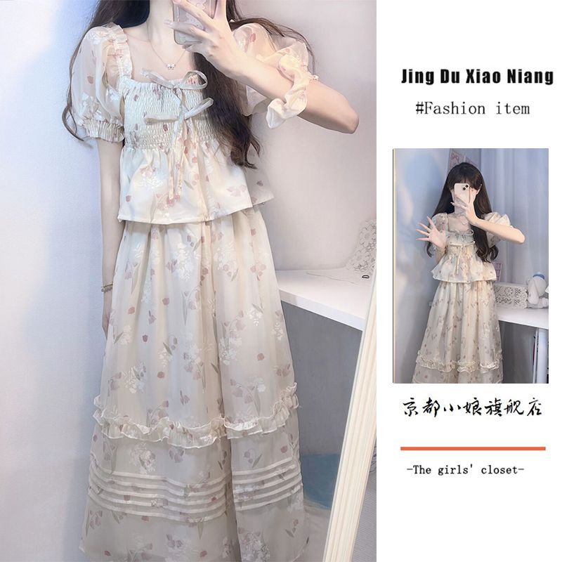 [Two-piece suit] Japanese-style super fairy sweet floral skirt for female students + puff sleeve top