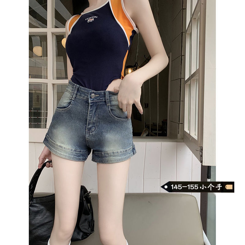 American hot girl high-waisted retro denim shorts for women summer new style old straight slim a-line ultra-short hot pants trendy