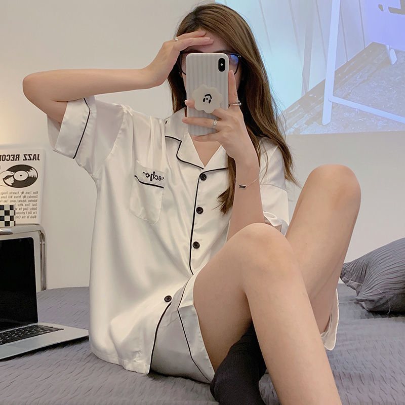 Ice silk pajamas for women new summer thin short-sleeved summer simulated silk high-end wearable home clothes set