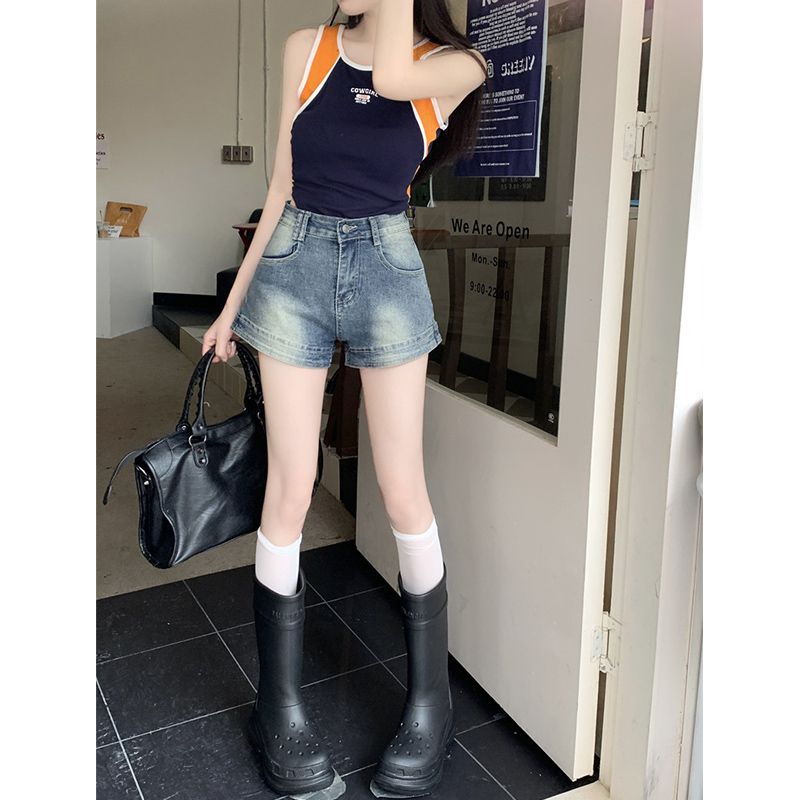 American hot girl high-waisted retro denim shorts for women summer new style old straight slim a-line ultra-short hot pants trendy