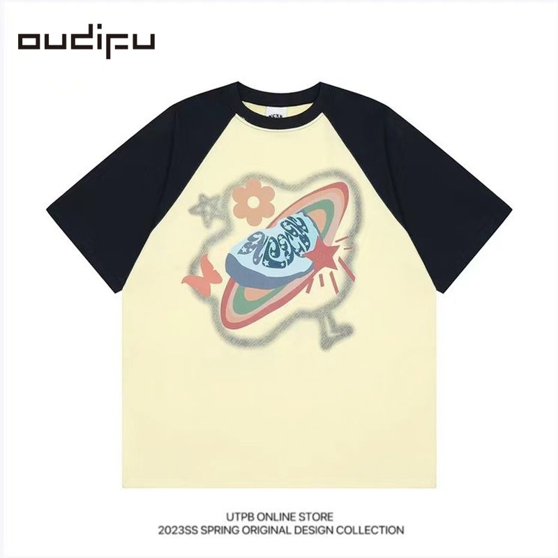 OUDIFU純棉100%短袖t恤女潮ins春夏季2023新款多巴胺240G情侶上衣