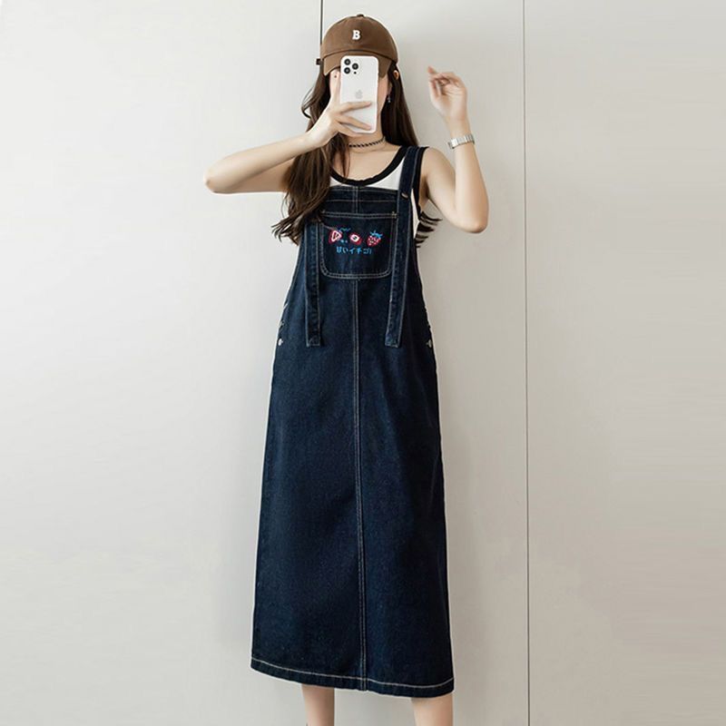 Plus size women's  summer new denim suspender skirt fat mm loose retro age-reducing slimming all-match dress