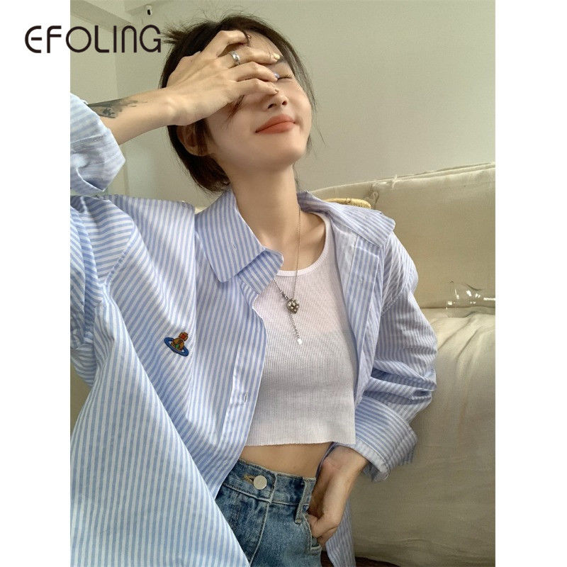 EFOLONG條紋襯衫女長袖寬鬆防曬休閒外套設計感可愛刺繡圖案襯衣